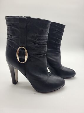 Hugo Boss Black Pleated Leather Baddie Feminine Classic Goth Chic Heel Boots